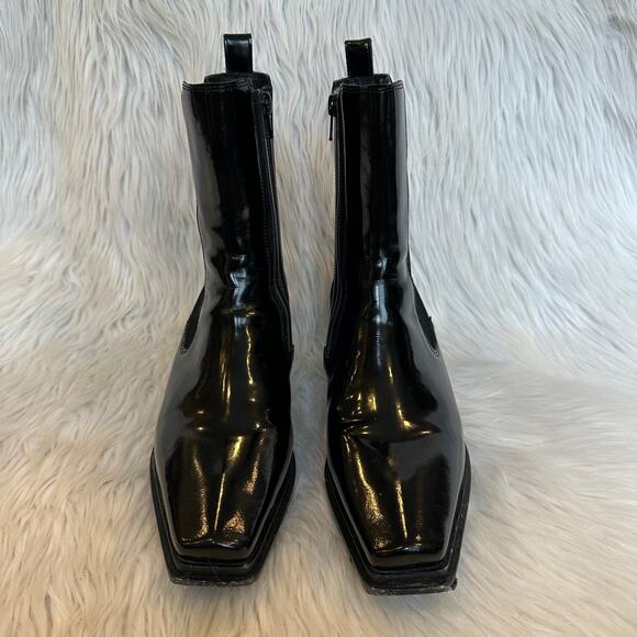 Jeffrey Campbell Zelton Boots Patent Leather Stacked Heel Mid Calf Boots Black - Picture 4 of 11
